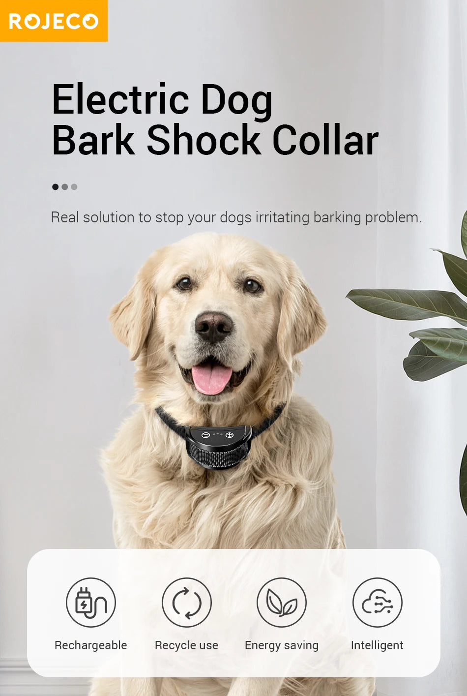 ROJECO Intelligent Training Collar Dog Anti Bark Collar Rechargeable Bark Control Collar For Dogs Electric Anti-Barking Devices