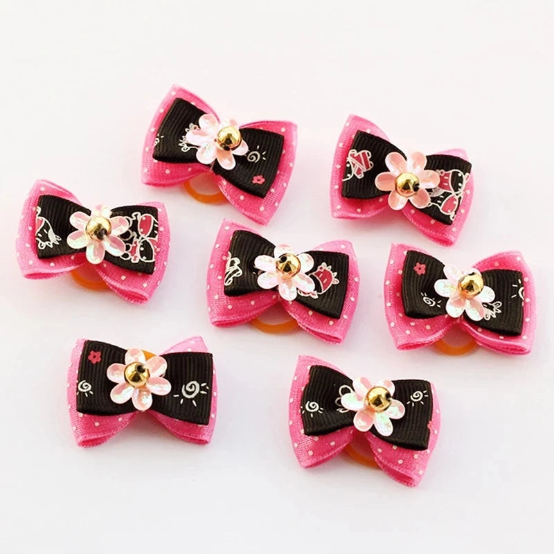 100PC/Lot Cat Dog Hair Bows Pink Flowers Dog Grooming Bows Rubber Bands Small Dog Accessories Pet Supplies