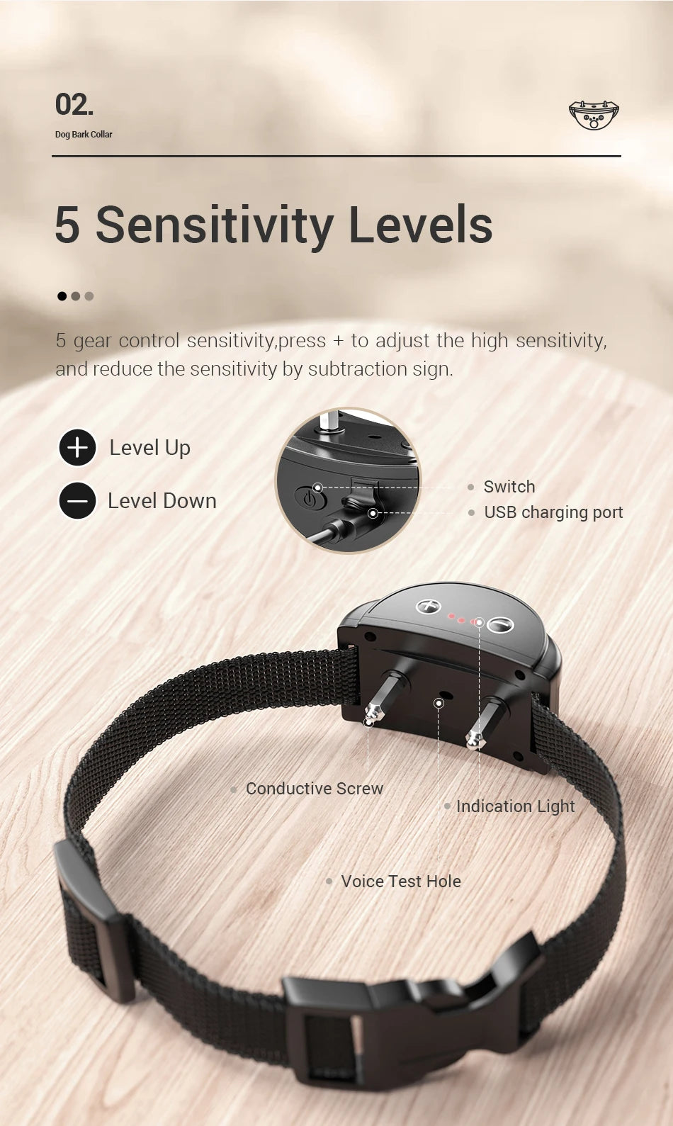 ROJECO Intelligent Training Collar Dog Anti Bark Collar Rechargeable Bark Control Collar For Dogs Electric Anti-Barking Devices