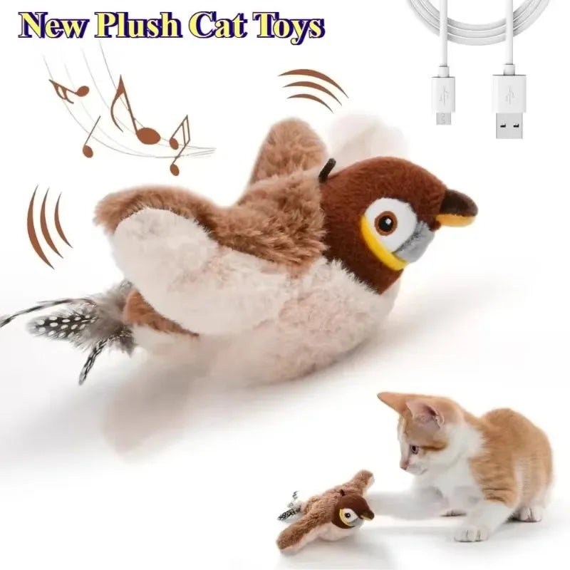 Chirping Bird Cat Toy Simulated Bird Interaction Toy Sparrow USB Rechargeable Flying Bird Cat Toys for Indoor Cats