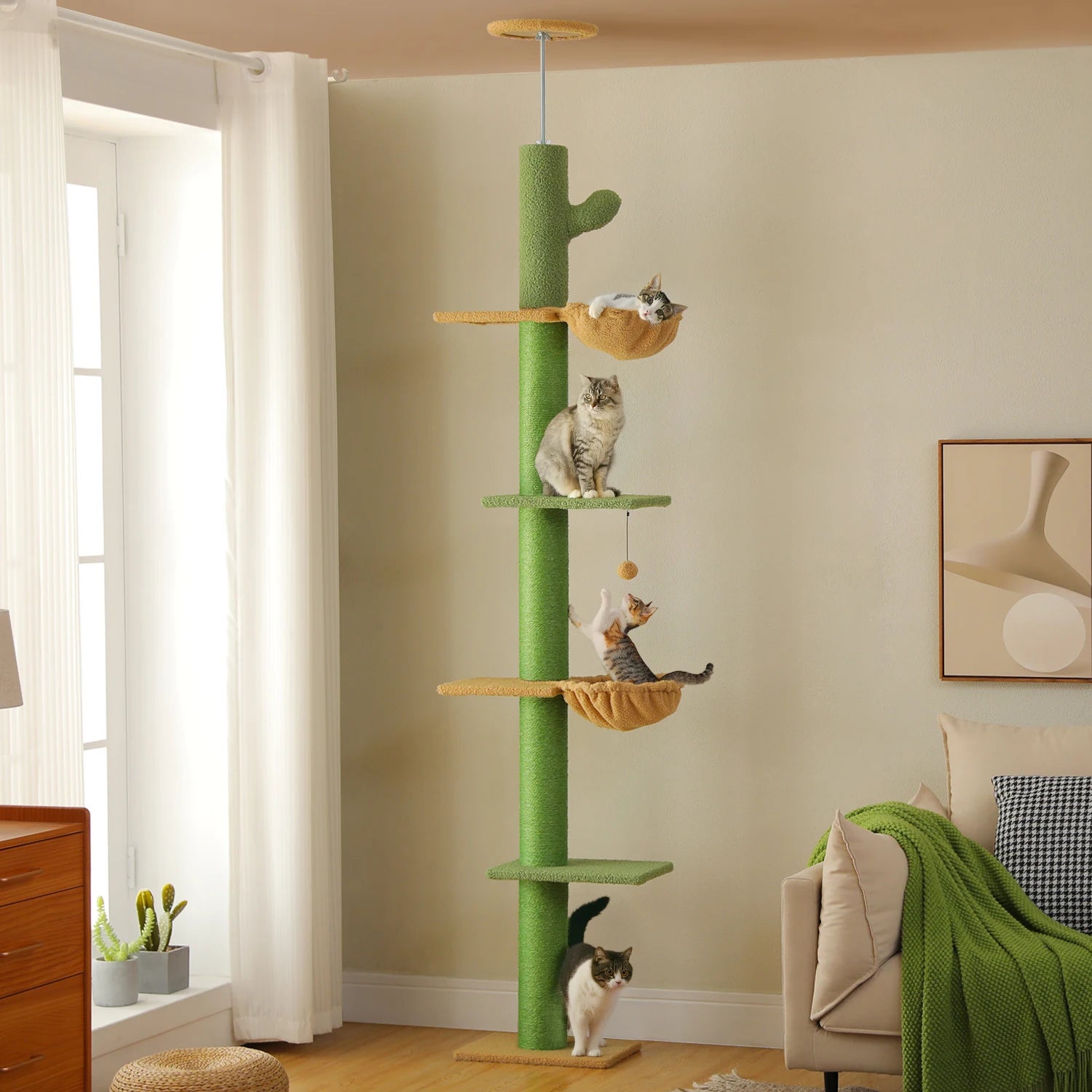 Cactus Cat Tree Floor to Ceiling Cat Tower with Sisal Scratching Post,Comfortable Hammock for Multi-Cat Homes,Cat Accessories