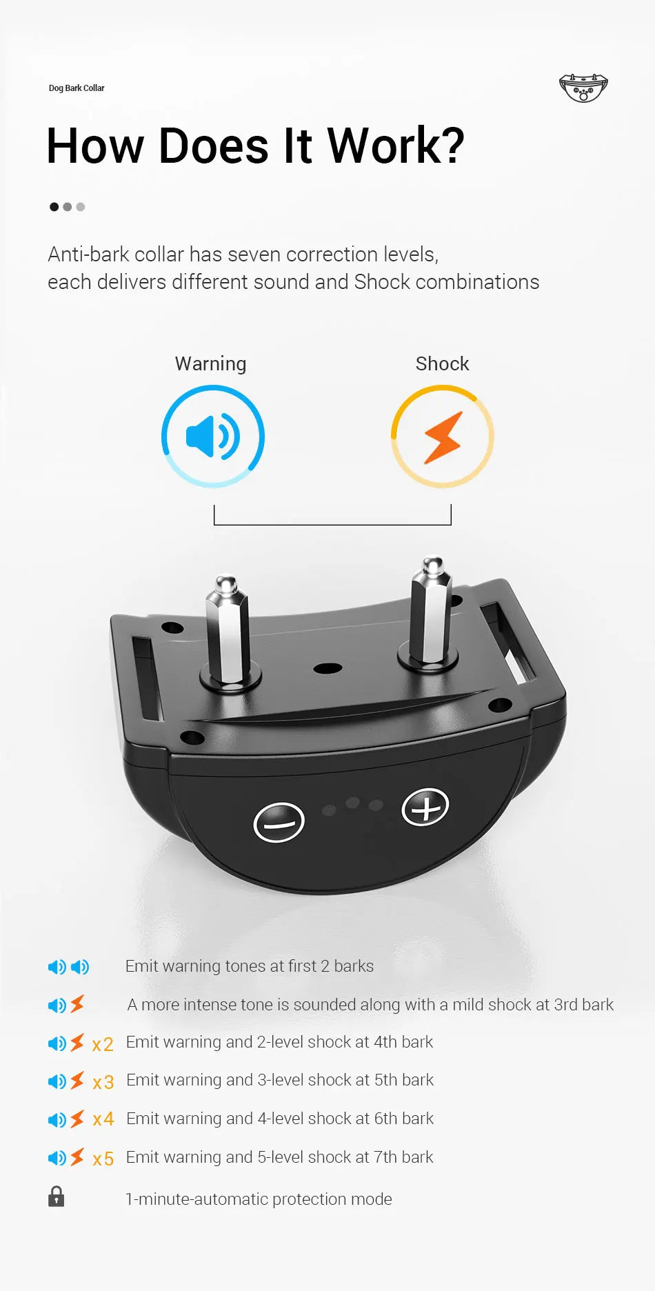 ROJECO Intelligent Training Collar Dog Anti Bark Collar Rechargeable Bark Control Collar For Dogs Electric Anti-Barking Devices