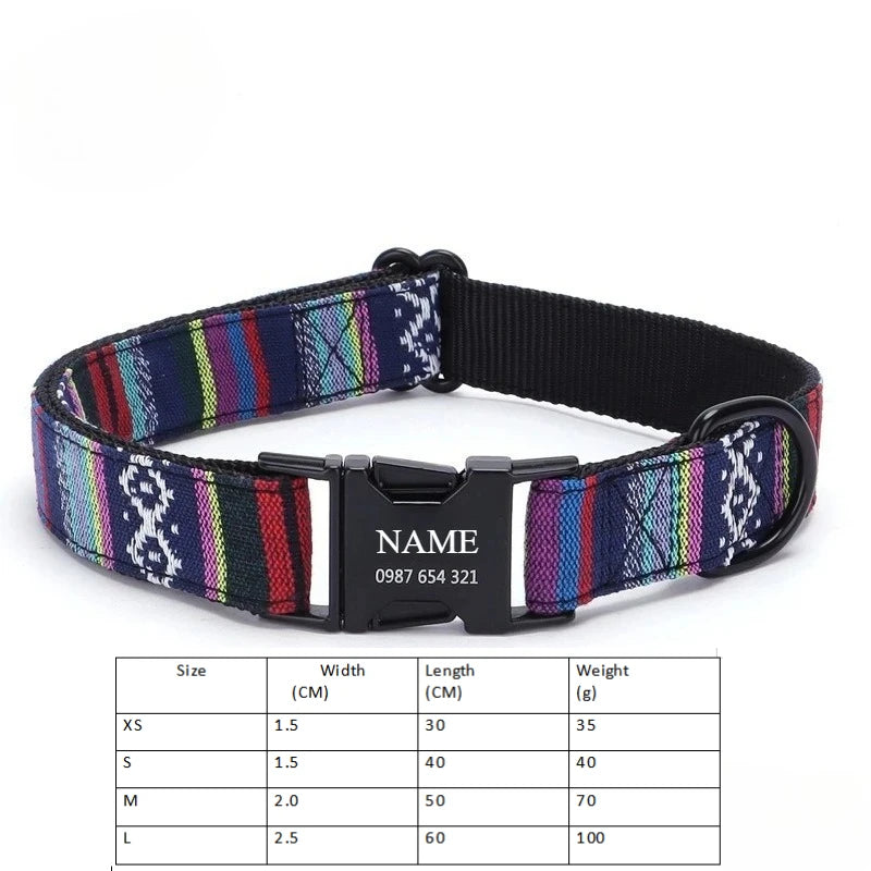 Customized Name Number Dog Collar Bohemian Stripe Plaid Pet Traction Rope Ethnic Pet Collars with Buckle Dog Accessories