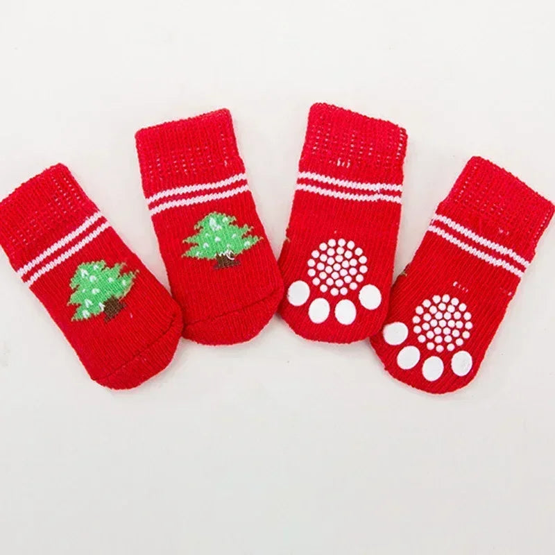 4pcs/Set Cute Puppy Dog Knit Socks Autumn Winter Pet Socks Anti-Slip Knitted Small Dogs Shoes Warm Paw Protector Dog Accessories