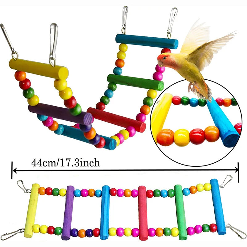 7PCS Bird Toy Wood Parrot Toys Set Cage Bird Accessories Swing Suspension Bridge Ball Cage Bells Pet Supplies