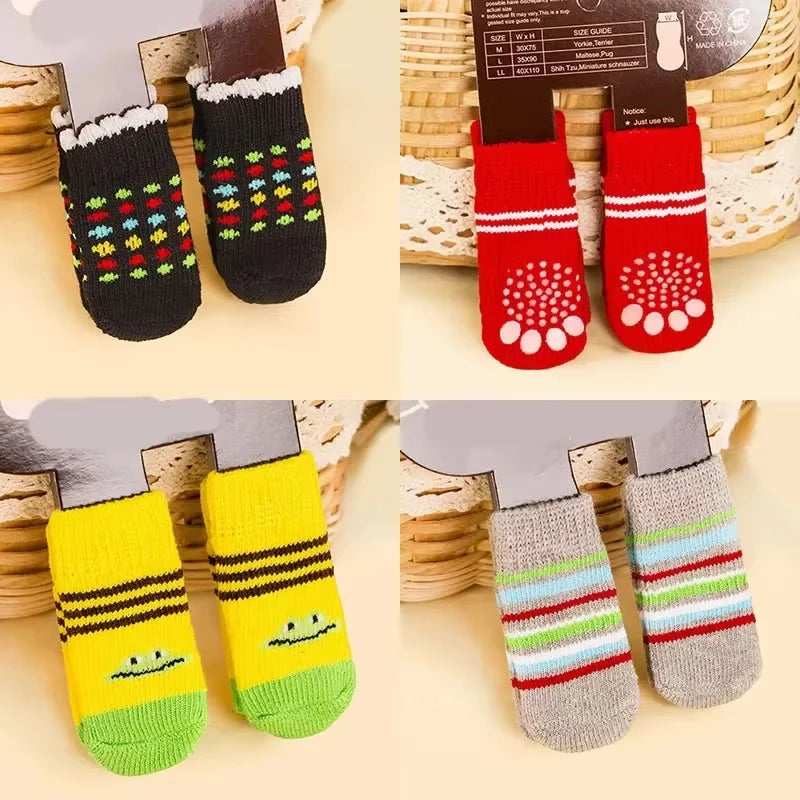 4pcs/Set Cute Puppy Dog Knit Socks Autumn Winter Pet Socks Anti-Slip Knitted Small Dogs Shoes Warm Paw Protector Dog Accessories