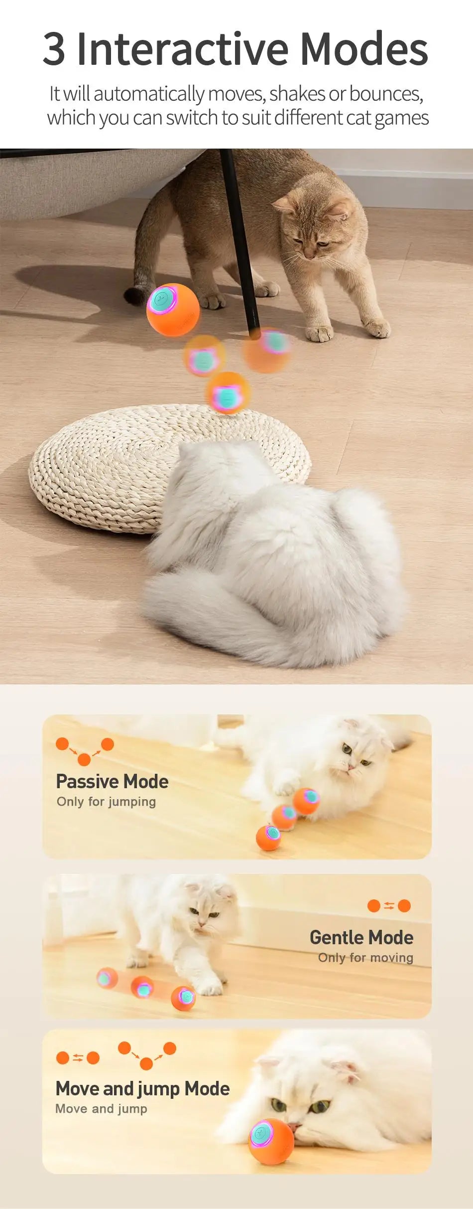 ROJECO Smart Interactive Cat Bouncing Ball Active Rolling Ball For Dog Rechargeable Automatic Rotating Moving Balls For Cat Game