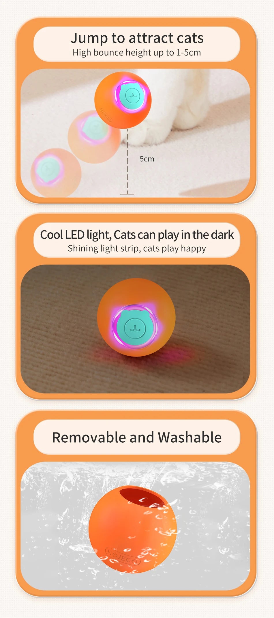 ROJECO Smart Interactive Cat Bouncing Ball Active Rolling Ball For Dog Rechargeable Automatic Rotating Moving Balls For Cat Game