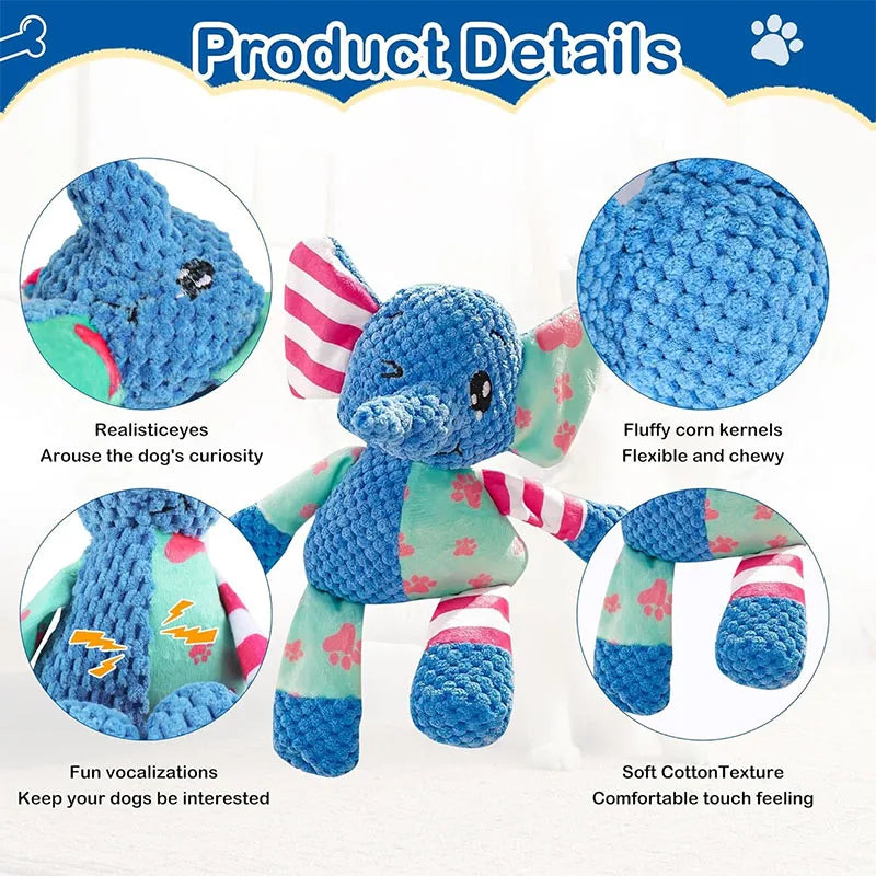 Resistant Interactive Dog Toys - Squeak & Rope Toy for Large Dogs & Aggressive Chewers, Puppy Teething Pet Elephant Plush Toy