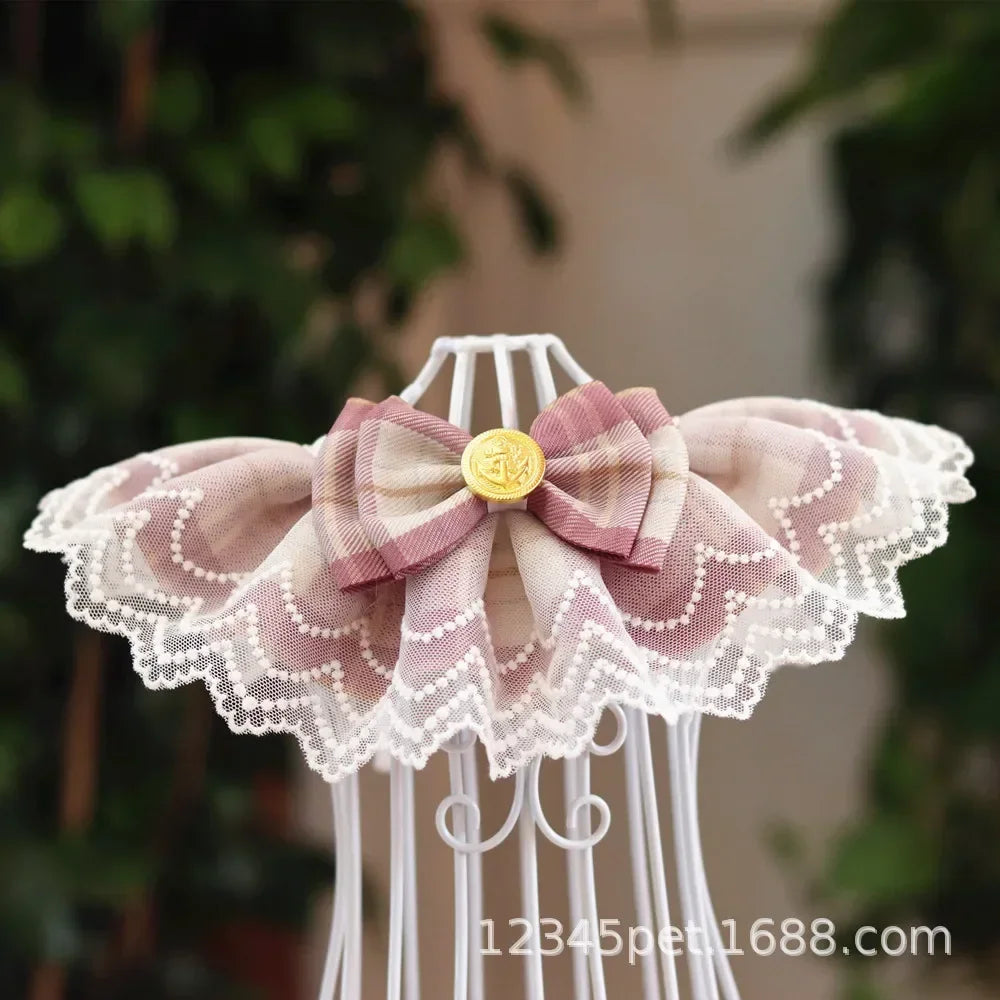 Plaid Lace Cat Ribbon Collar Gauze Kitten Bowtie Cotton Necklace Bibs for Dogs Cat Accessories Pet Products קולר לכלבים קטנים