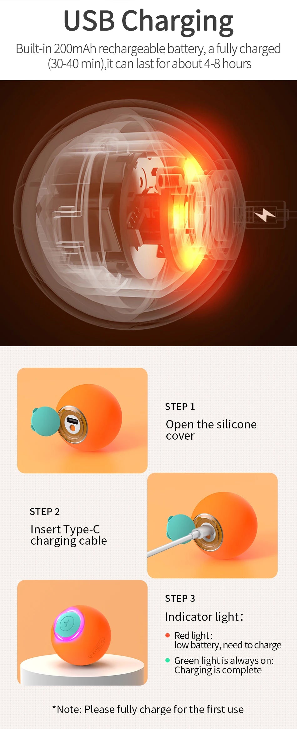 ROJECO Smart Interactive Cat Bouncing Ball Active Rolling Ball For Dog Rechargeable Automatic Rotating Moving Balls For Cat Game