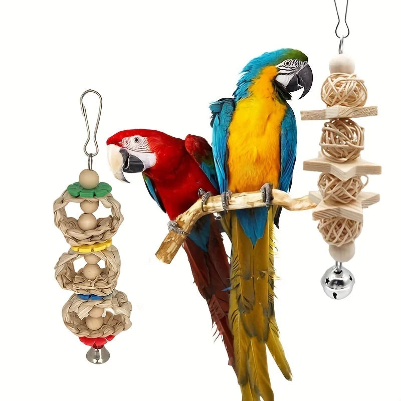 8 Pcs/set Pet Bird Swing Chew Bird Toys, Wood Hanging Bell, Birds Cage Accessiories, Parrot Toys Random Color