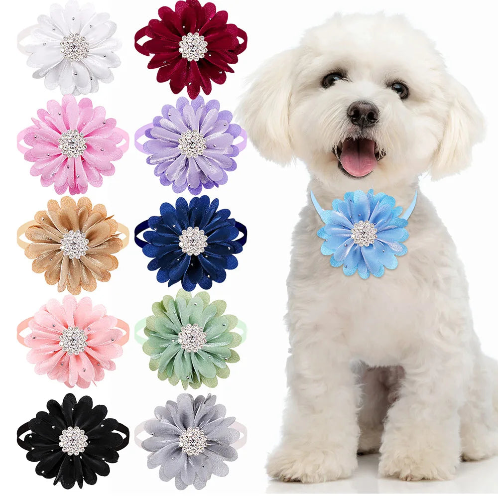 30PCS Fashion Diamond Flower Dog Bow Tie Collar For Dogs Bowties Neckties Pet Grooming Dog Accessories For Small Dogs