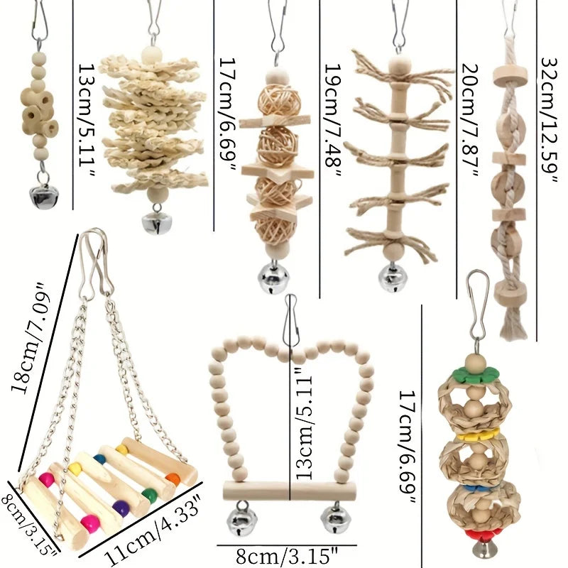 8 Pcs/set Pet Bird Swing Chew Bird Toys, Wood Hanging Bell, Birds Cage Accessiories, Parrot Toys Random Color