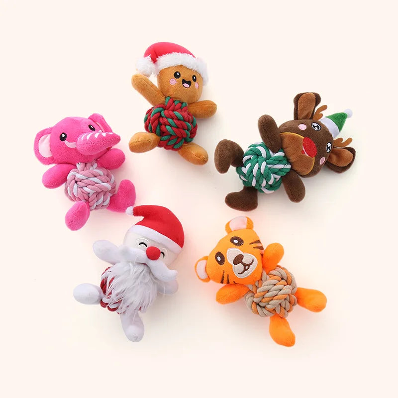 Christmas Plush Dog Toys with Cotton Rope & Squeakers  Chew Resistant Animal Dental Toys for Puppies Teething Chew Toys