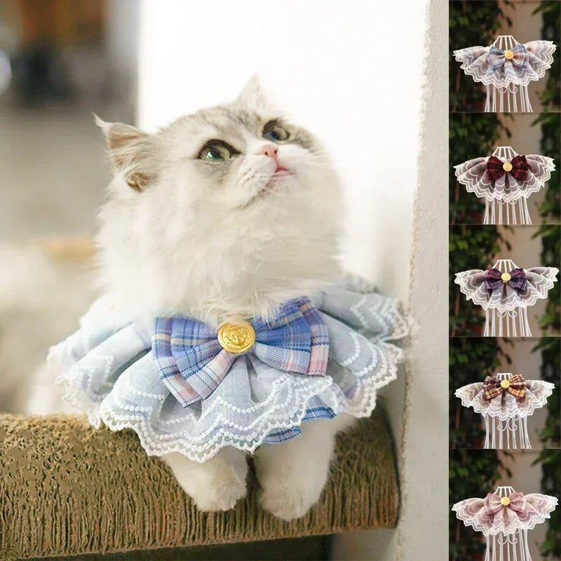 Plaid Lace Cat Ribbon Collar Gauze Kitten Bowtie Cotton Necklace Bibs for Dogs Cat Accessories Pet Products קולר לכלבים קטנים
