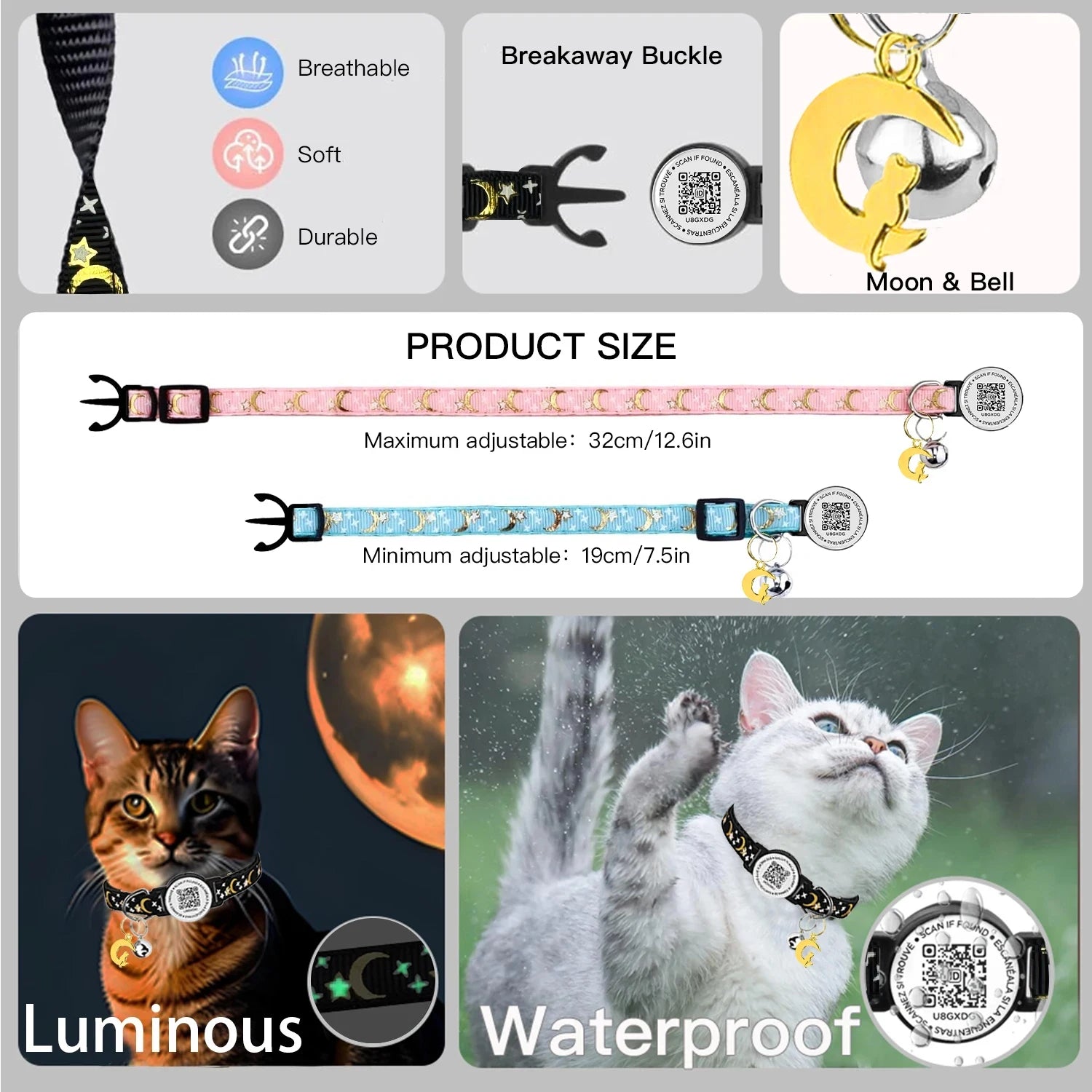 QR Code Pet Tag Cat Collar Breakaway with QR ID Tag, Puppy Cat Accessories Glow Kitten Collars, Cat Tag, Safety Quick Release