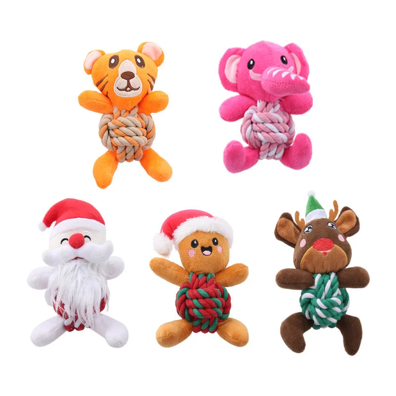 Christmas Plush Dog Toys with Cotton Rope & Squeakers  Chew Resistant Animal Dental Toys for Puppies Teething Chew Toys