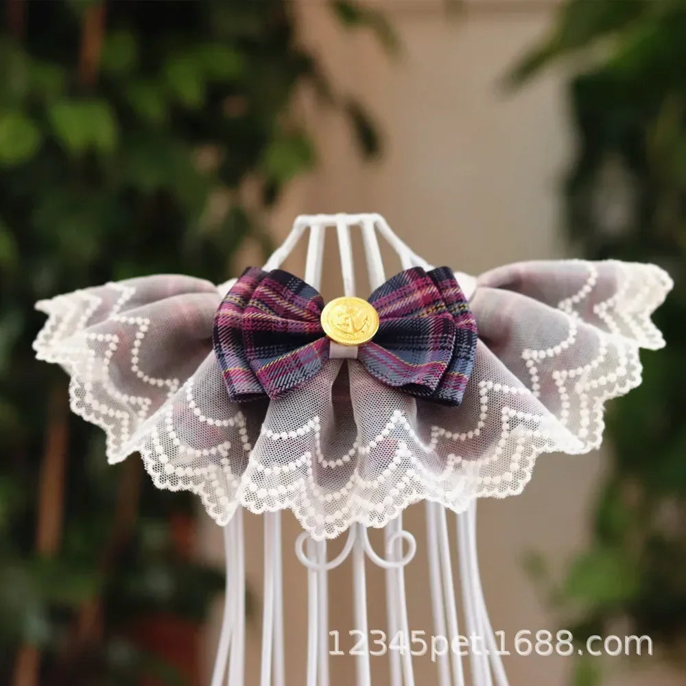 Plaid Lace Cat Ribbon Collar Gauze Kitten Bowtie Cotton Necklace Bibs for Dogs Cat Accessories Pet Products קולר לכלבים קטנים