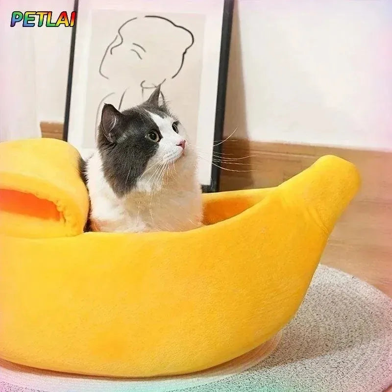 Banana cat bed super soft house lovely banana boat semi-closed warm pet bed cat accessories dog bed banana cushions with a lid