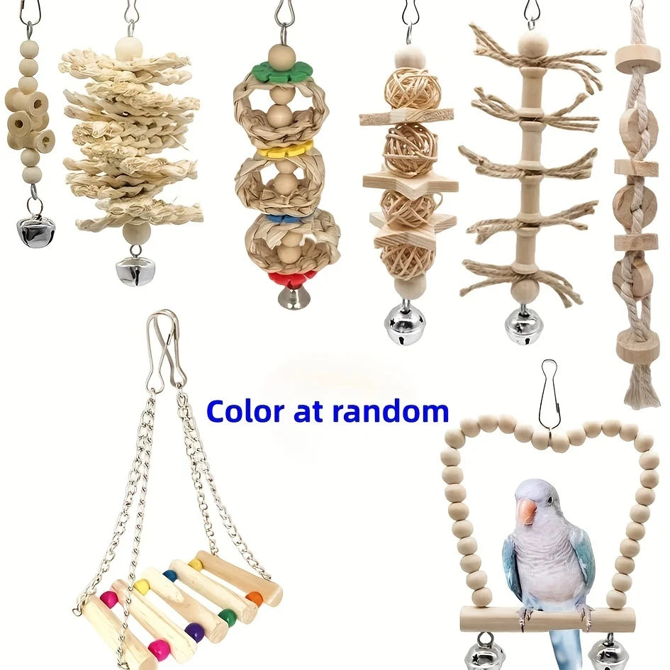 8 Pcs/set Pet Bird Swing Chew Bird Toys, Wood Hanging Bell, Birds Cage Accessiories, Parrot Toys Random Color
