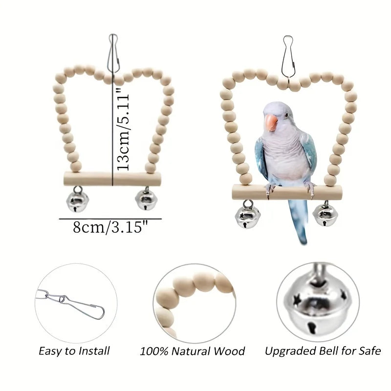 8 Pcs/set Pet Bird Swing Chew Bird Toys, Wood Hanging Bell, Birds Cage Accessiories, Parrot Toys Random Color