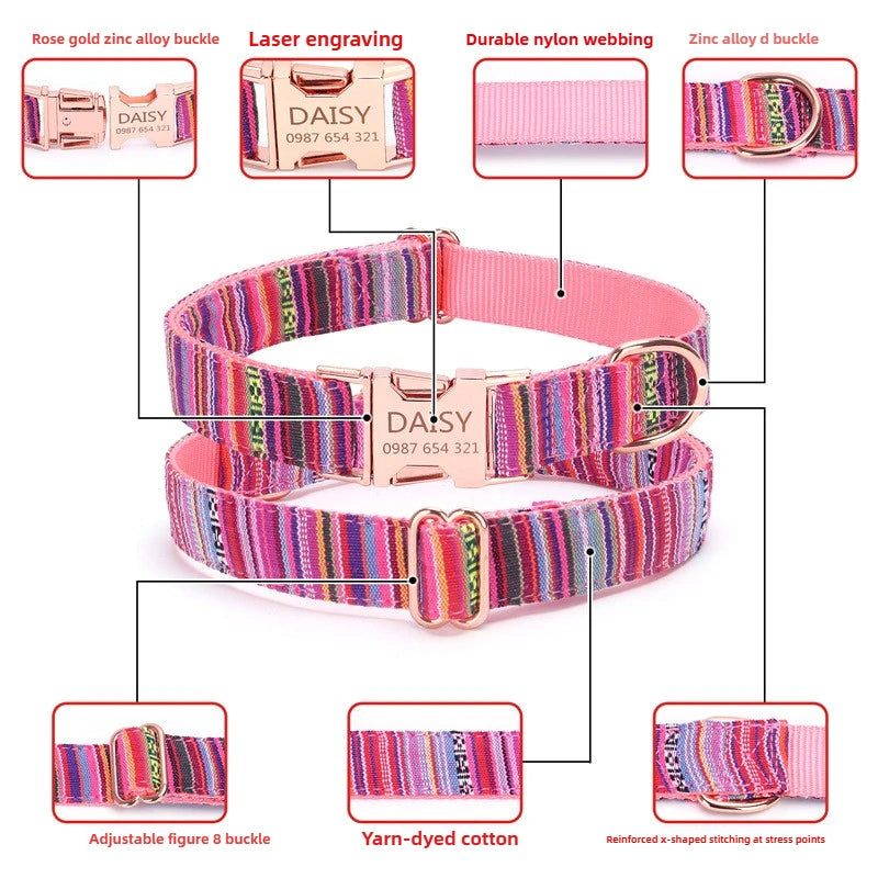 Customized Name Number Dog Collar Bohemian Stripe Plaid Pet Traction Rope Ethnic Pet Collars with Buckle Dog Accessories