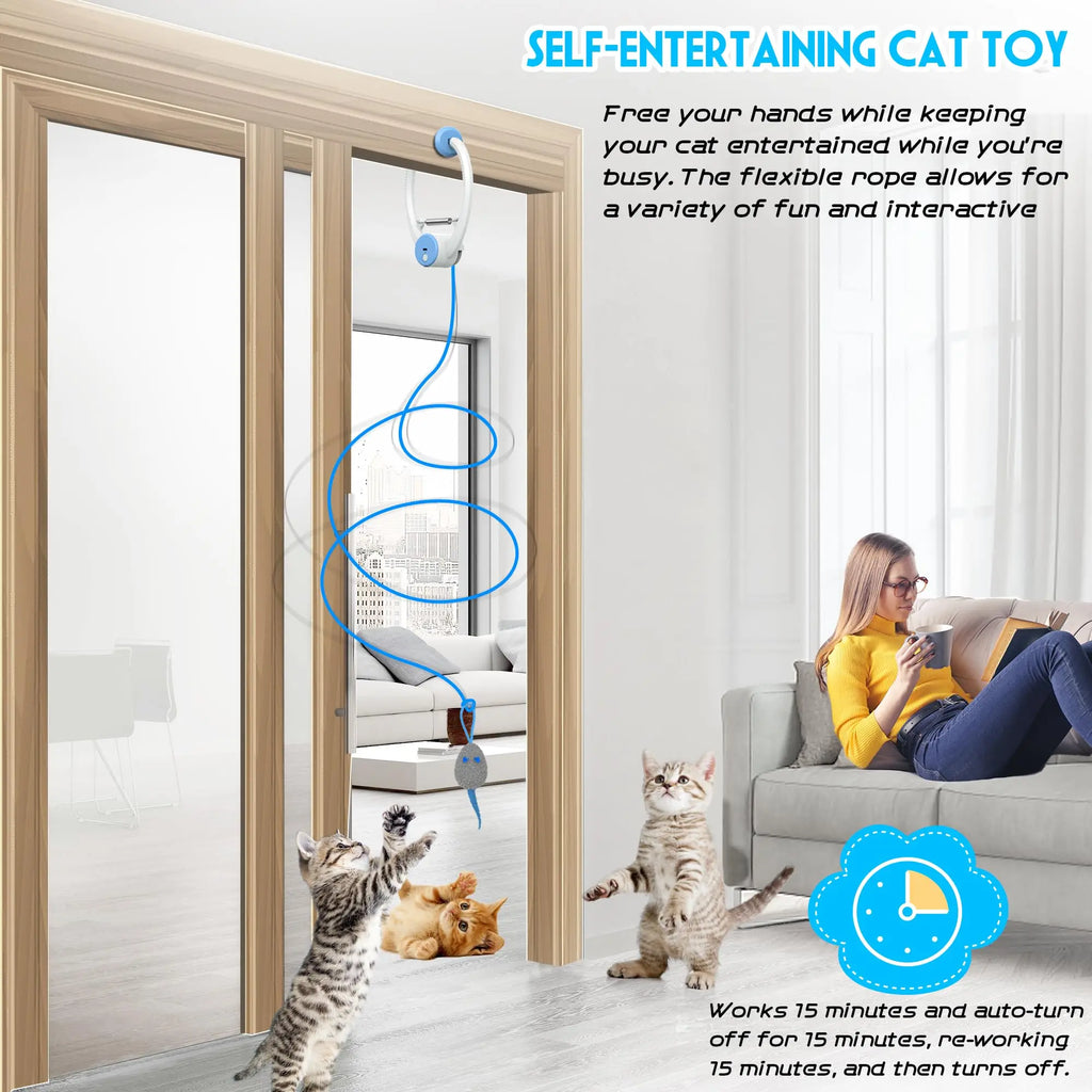 Door Hanging Auto-Rebound Cat Toy, Retractable Kitten Teaser with 3 Catnip Mice, Interactive Pet Play Toy for Indoor Cats - Whit