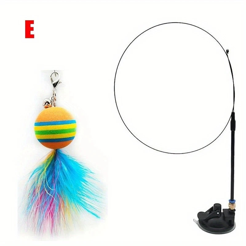 Cat Toys Interactive Funny Cat Feather Wand Suction Cup Ball Feathers Replacements with Bells for Indoor Cats Kitten Exercise