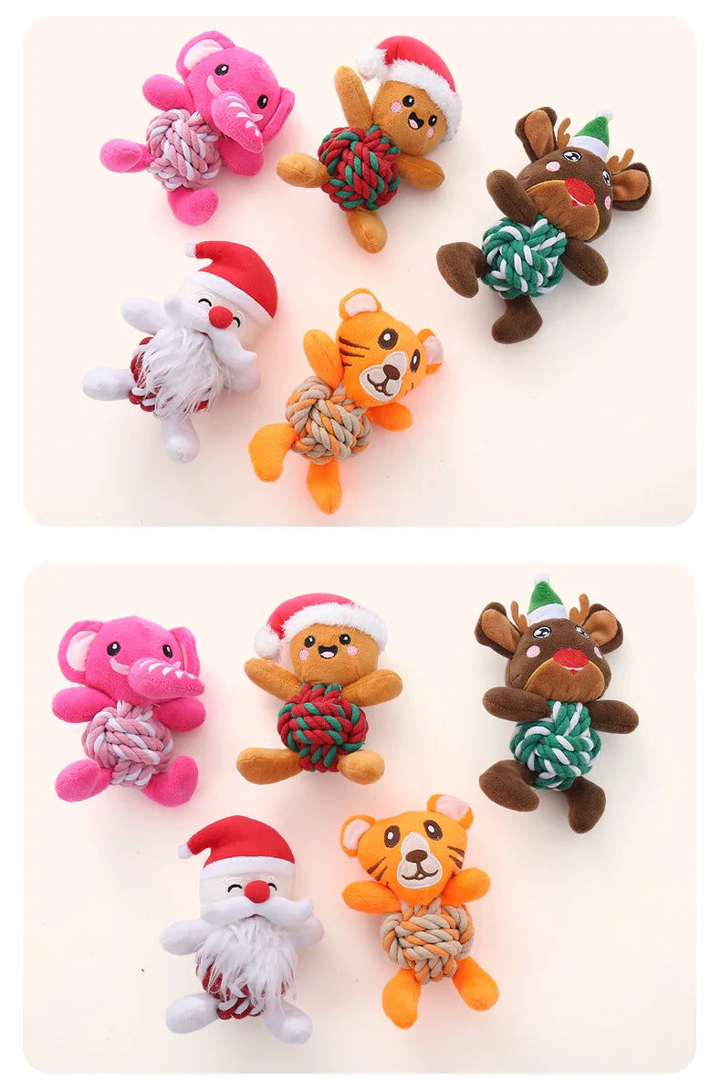 Christmas Plush Dog Toys with Cotton Rope & Squeakers  Chew Resistant Animal Dental Toys for Puppies Teething Chew Toys