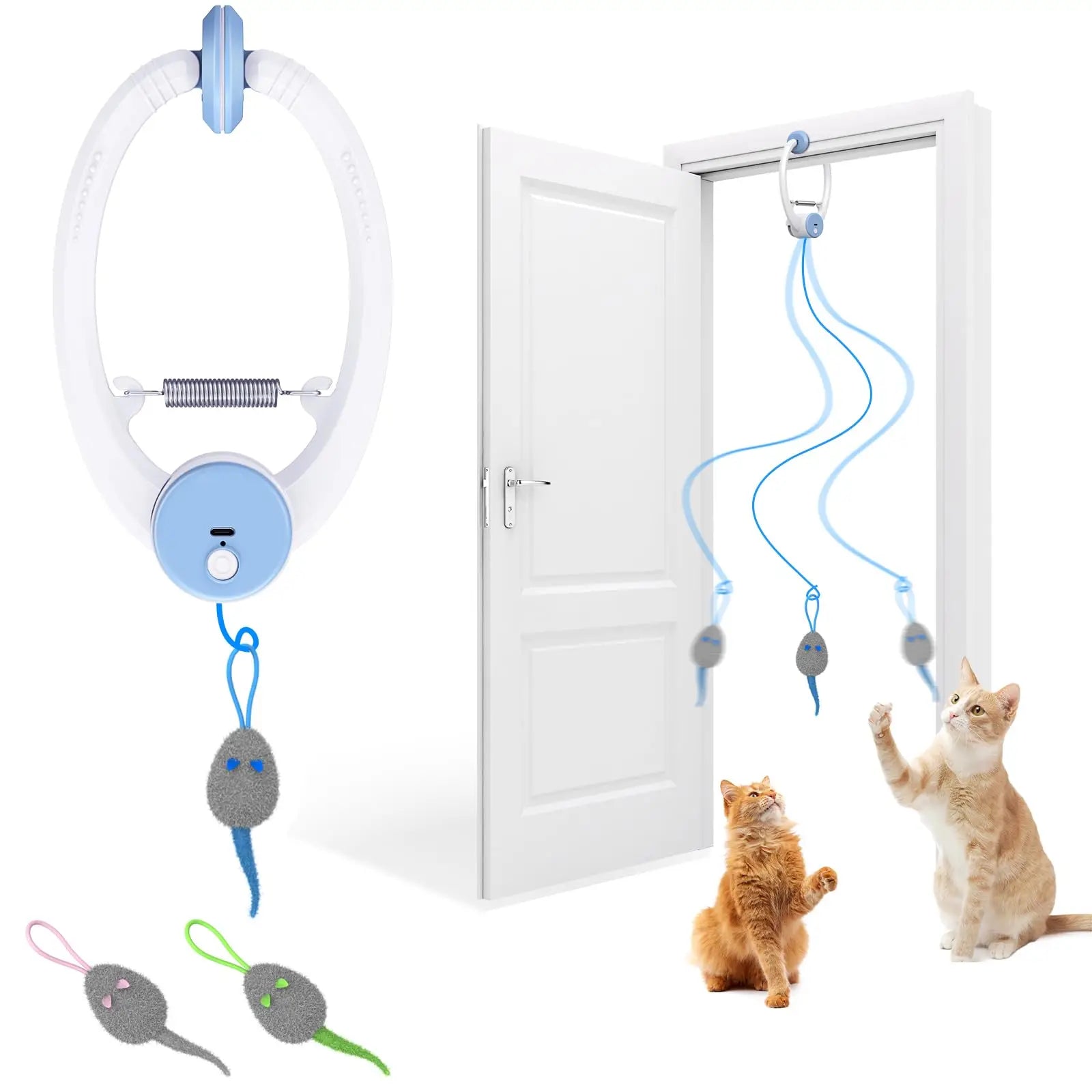 Door Hanging Auto-Rebound Cat Toy, Retractable Kitten Teaser with 3 Catnip Mice, Interactive Pet Play Toy for Indoor Cats - Whit