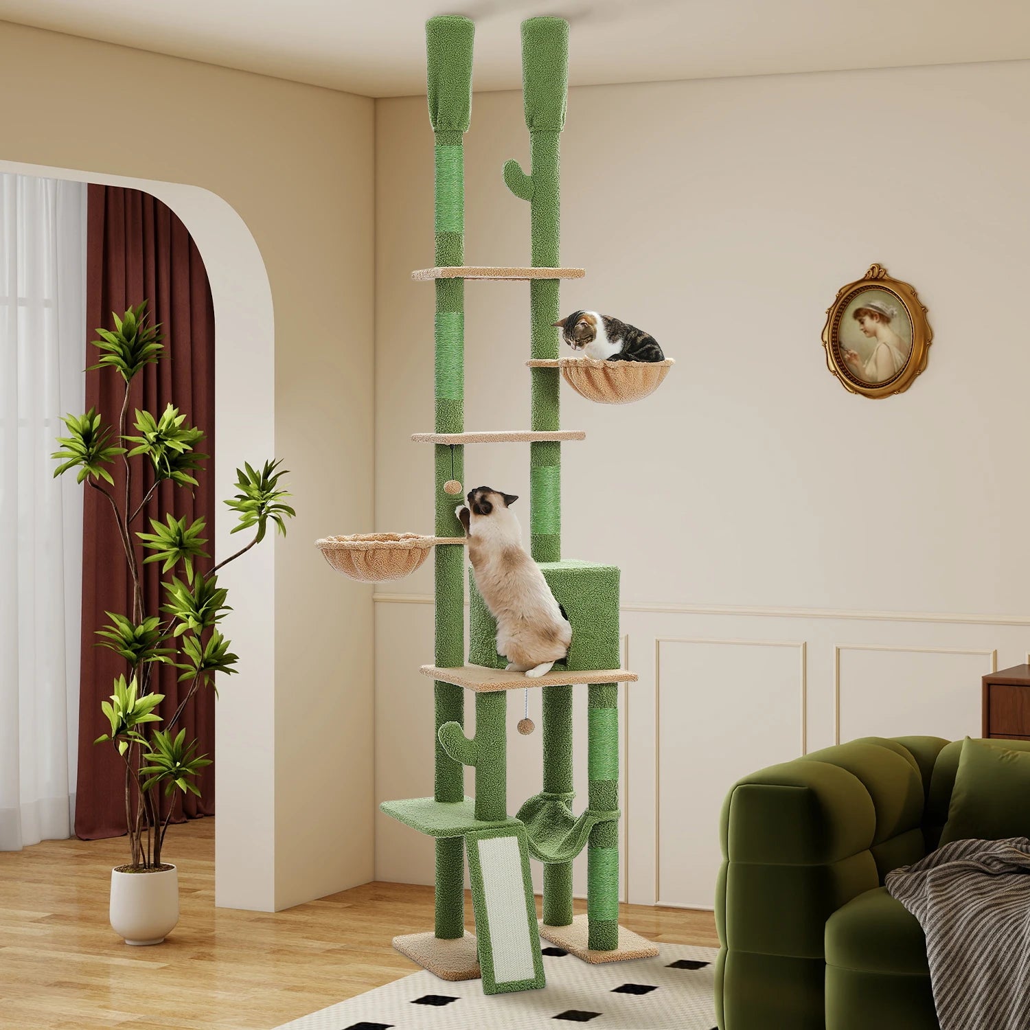 Cactus Cat Tree Adjustable Floor-to-Ceiling Cat Tower Safe Multi-Level Climbing & Play Tower for Multi-Cat Homes,Cat Accessories