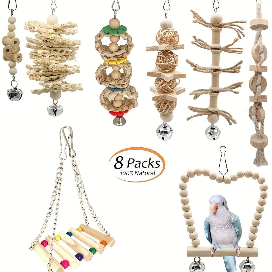 8 Pcs/set Pet Bird Swing Chew Bird Toys, Wood Hanging Bell, Birds Cage Accessiories, Parrot Toys Random Color