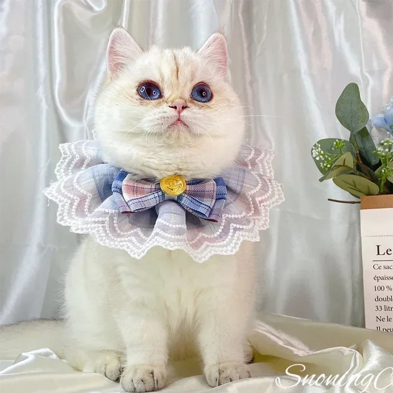 Plaid Lace Cat Ribbon Collar Gauze Kitten Bowtie Cotton Necklace Bibs for Dogs Cat Accessories Pet Products קולר לכלבים קטנים