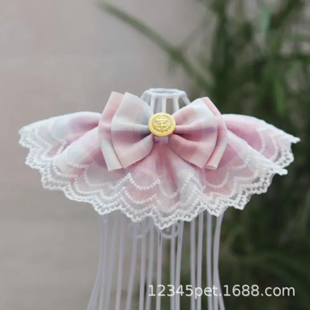 Plaid Lace Cat Ribbon Collar Gauze Kitten Bowtie Cotton Necklace Bibs for Dogs Cat Accessories Pet Products קולר לכלבים קטנים