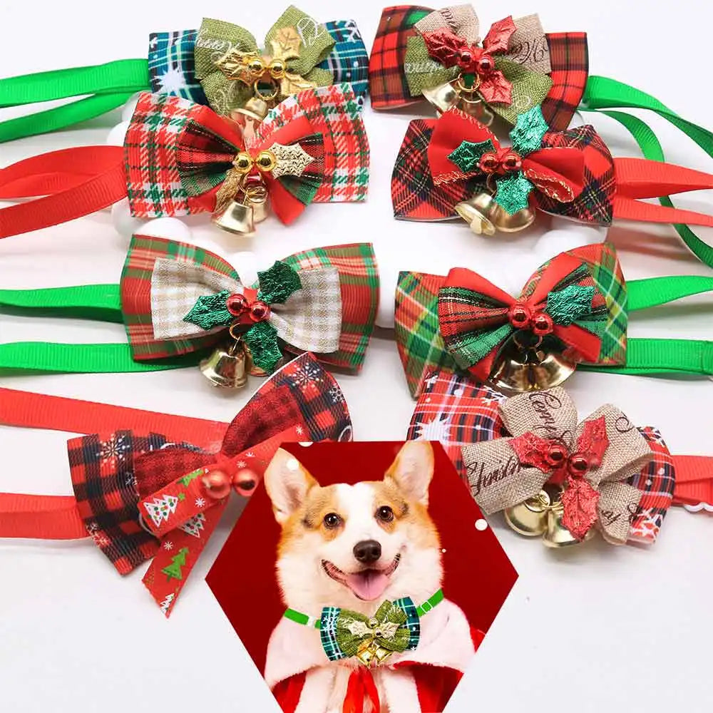 10PCS Pet Dog Bowtie with Bell Christmas Style Grooming Adjustable Dog Collar Bows for Small Dogs Puppy Party Dog Accessories