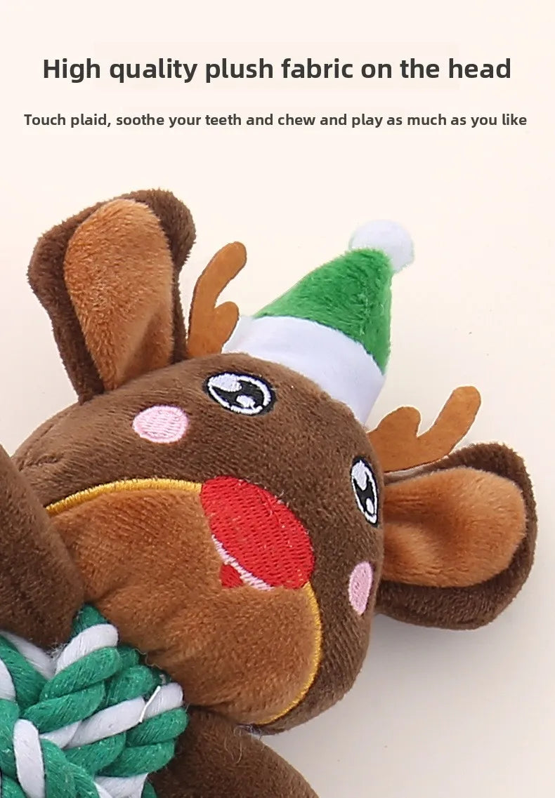 Christmas Plush Dog Toys with Cotton Rope & Squeakers  Chew Resistant Animal Dental Toys for Puppies Teething Chew Toys