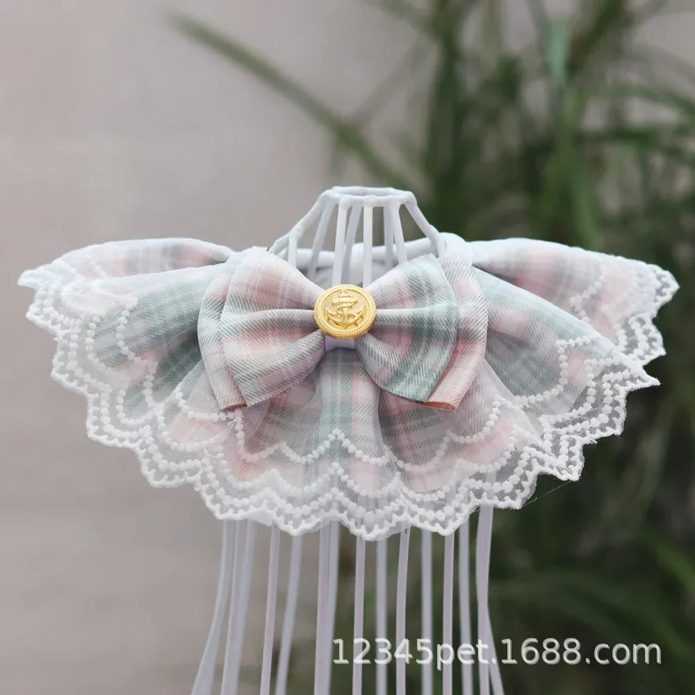 Plaid Lace Cat Ribbon Collar Gauze Kitten Bowtie Cotton Necklace Bibs for Dogs Cat Accessories Pet Products קולר לכלבים קטנים