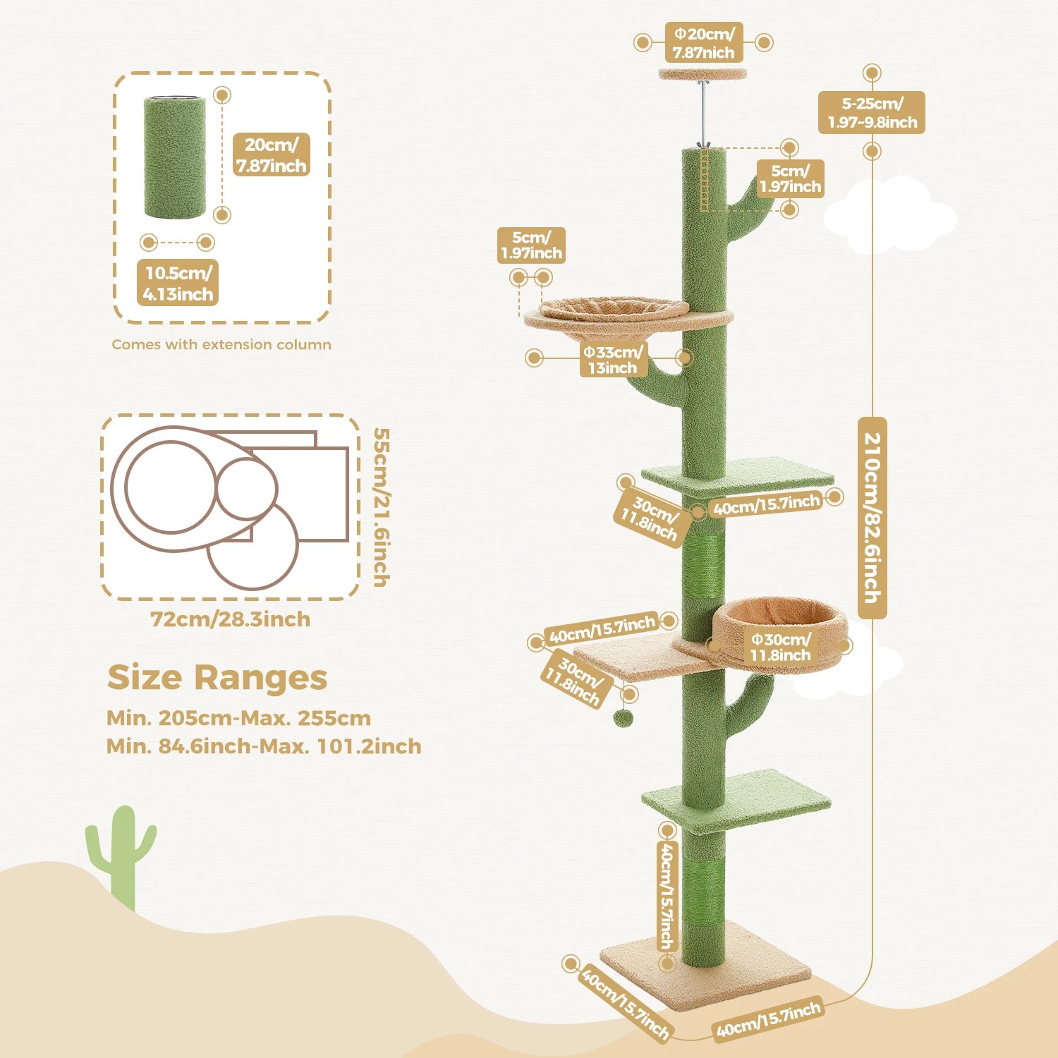 Cactus Cat Tree Floor to Ceiling Cat Tower with Sisal Scratching Post,Comfortable Hammock for Multi-Cat Homes,Cat Accessories