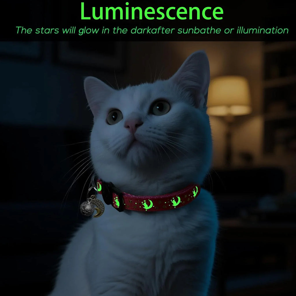 4 PCS Glow Cat Collars Breakaway with Bell Moons Stars,Cute Kitten Collar with Pendant for Girl Boy Cats Puppy, Cat Accessories