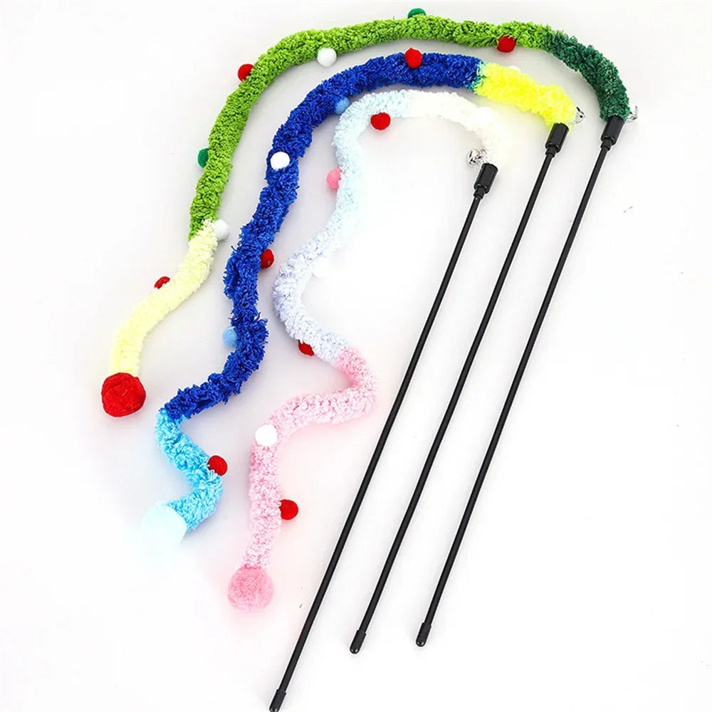 New Cat Toys Rainbow Stripes Funny Cat Stick with Bell Interactive Play Pet Supplies Interactive Cat Toy Caterpillar String