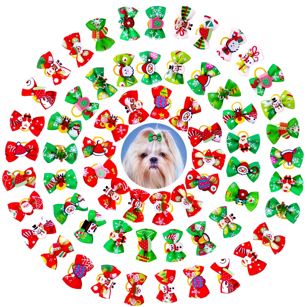 20Pcs Christmas Dog Bows Samll Dog Hair Bows Rubber Bands Cute Grooming Holiday Party Pet Supplies Pet Dog Accessories