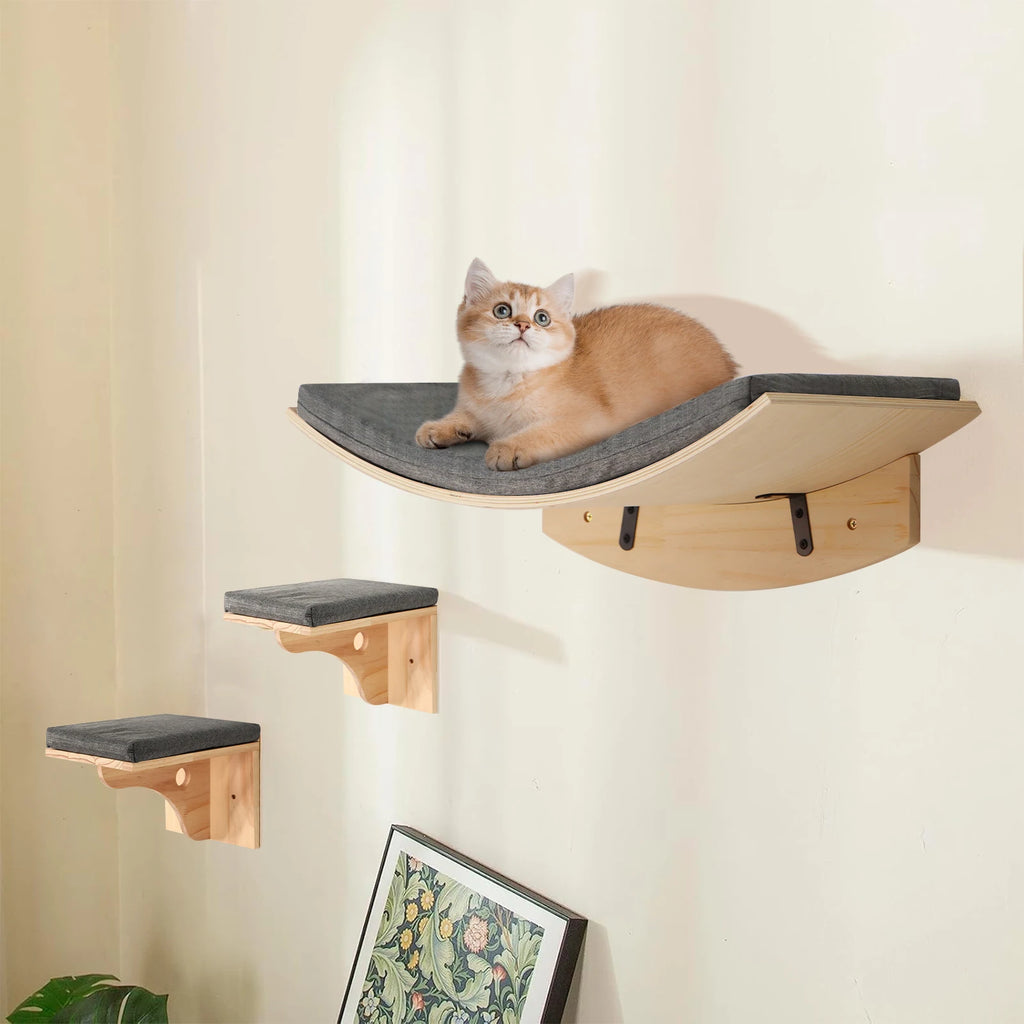 Cat Climbing Frame Cat Wall Steps and Perch Beds Anti-Scratch with Scratching Cushion Modern Wooden Climbing Cat Accessories