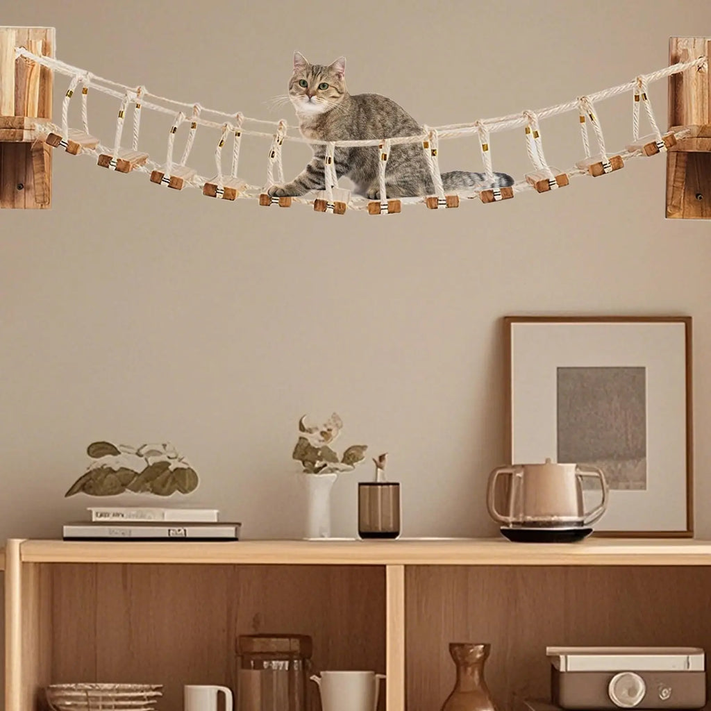 100cm Cat Roped Bridge Ladder Long for Indoor Cats Wall Mounted Climbing Steps Shelf Wooden Furniture for Cat Accessories