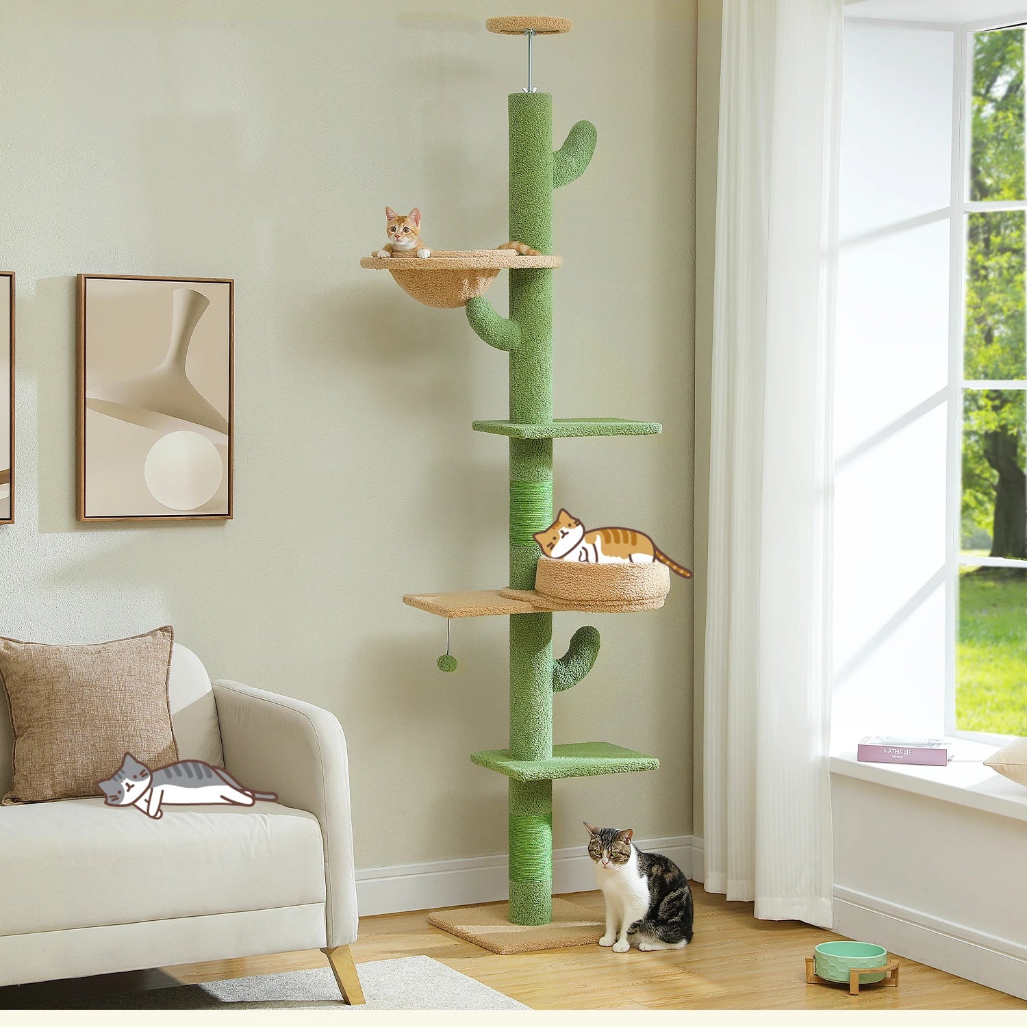 Cactus Cat Tree Adjustable Floor-to-Ceiling Cat Tower Safe Multi-Level Climbing & Play Tower for Multi-Cat Homes,Cat Accessories