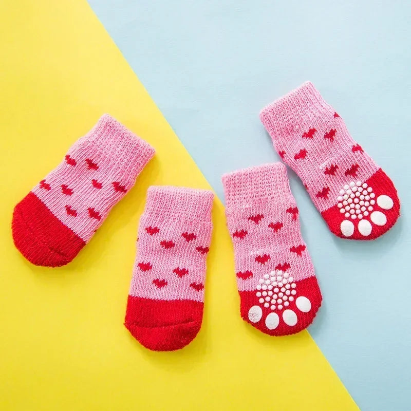 4pcs/Set Cute Puppy Dog Knit Socks Autumn Winter Pet Socks Anti-Slip Knitted Small Dogs Shoes Warm Paw Protector Dog Accessories