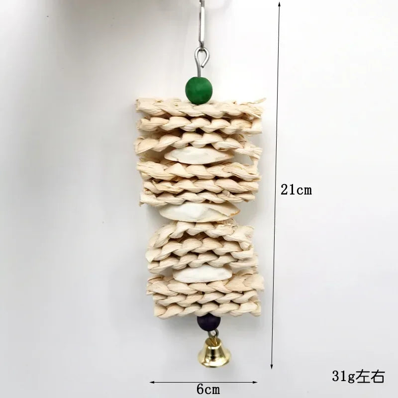 1pcs Natural Wooden Grass Chewing Bird Parrot Toy with Bell Bite Hanging Cage Swing Climb Chew Toys Bird Toys for Cage Pet Toys