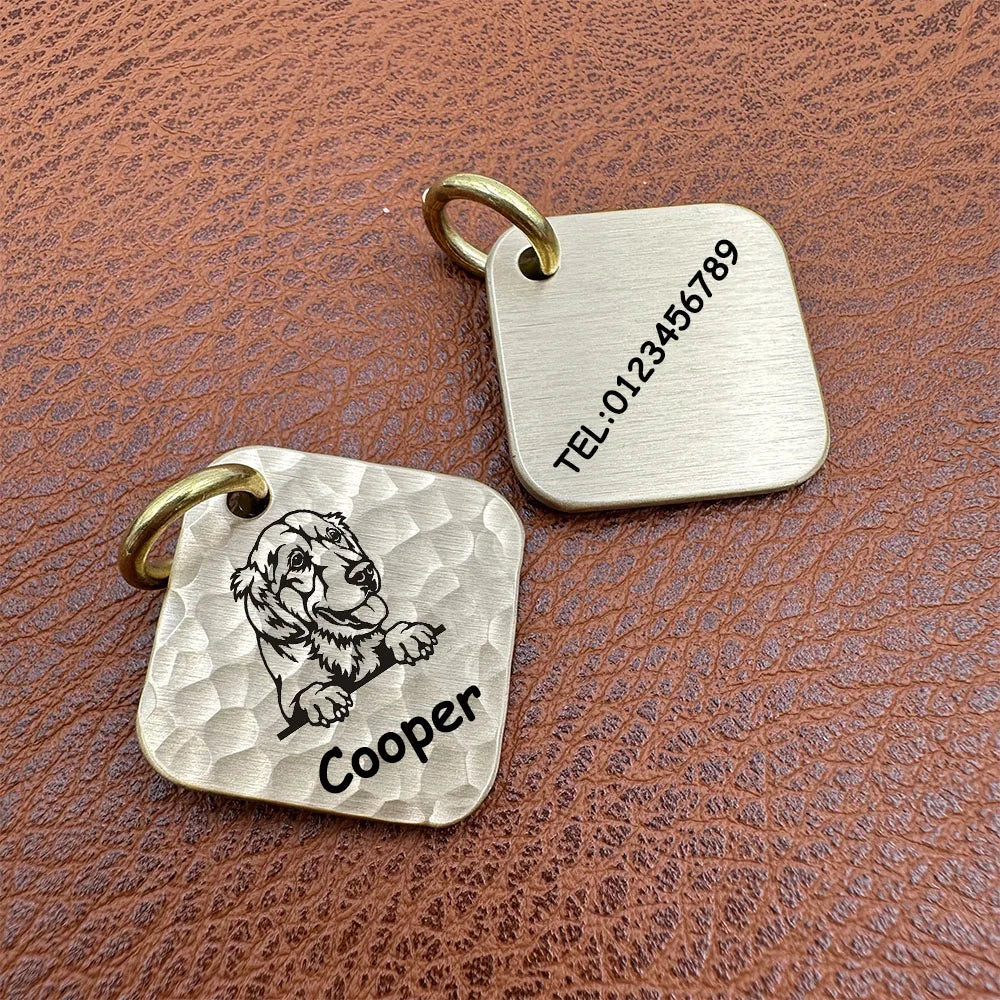 Square Brass Dogs Tag Customized Pet ID Tags Engraving Puppy Anti-lost Collars Tag Dog Cat Name Pets Dog Accessories Supplies