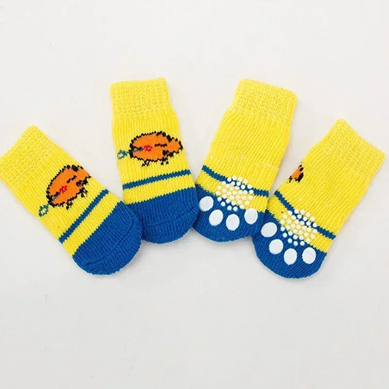 4pcs/Set Cute Puppy Dog Knit Socks Autumn Winter Pet Socks Anti-Slip Knitted Small Dogs Shoes Warm Paw Protector Dog Accessories