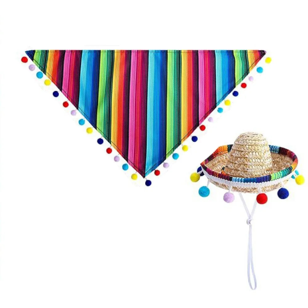 Cat Accessories Adjustable Pet Hat Scarf Multicolor Mexican Style Dog Bandanas with Glasses Pet Bibs Hairball Grass Hat